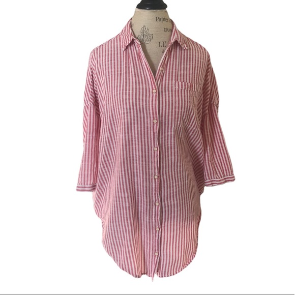 HOLDING HORSES Oversized Relaxed Fit Red and White Stripped Button Down Top - Picture 1 of 10
